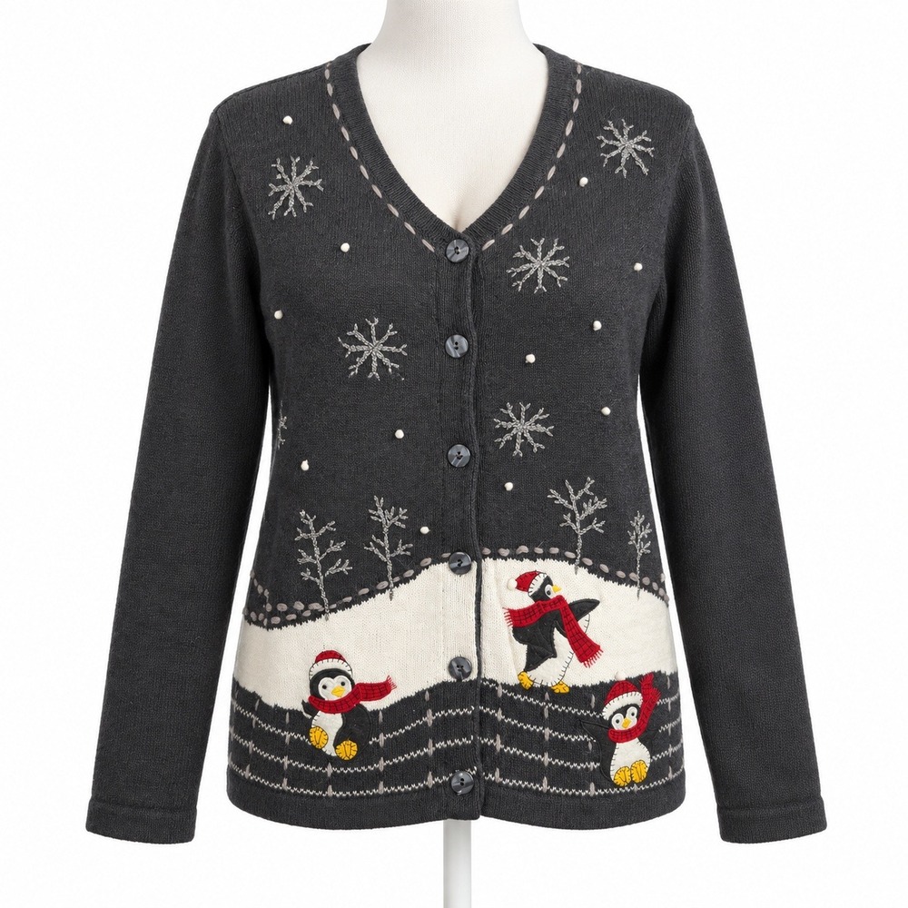 Vintage 90s Penguin Snowflake Button Cardigan Sz L Black Ugly Christmas Holiday